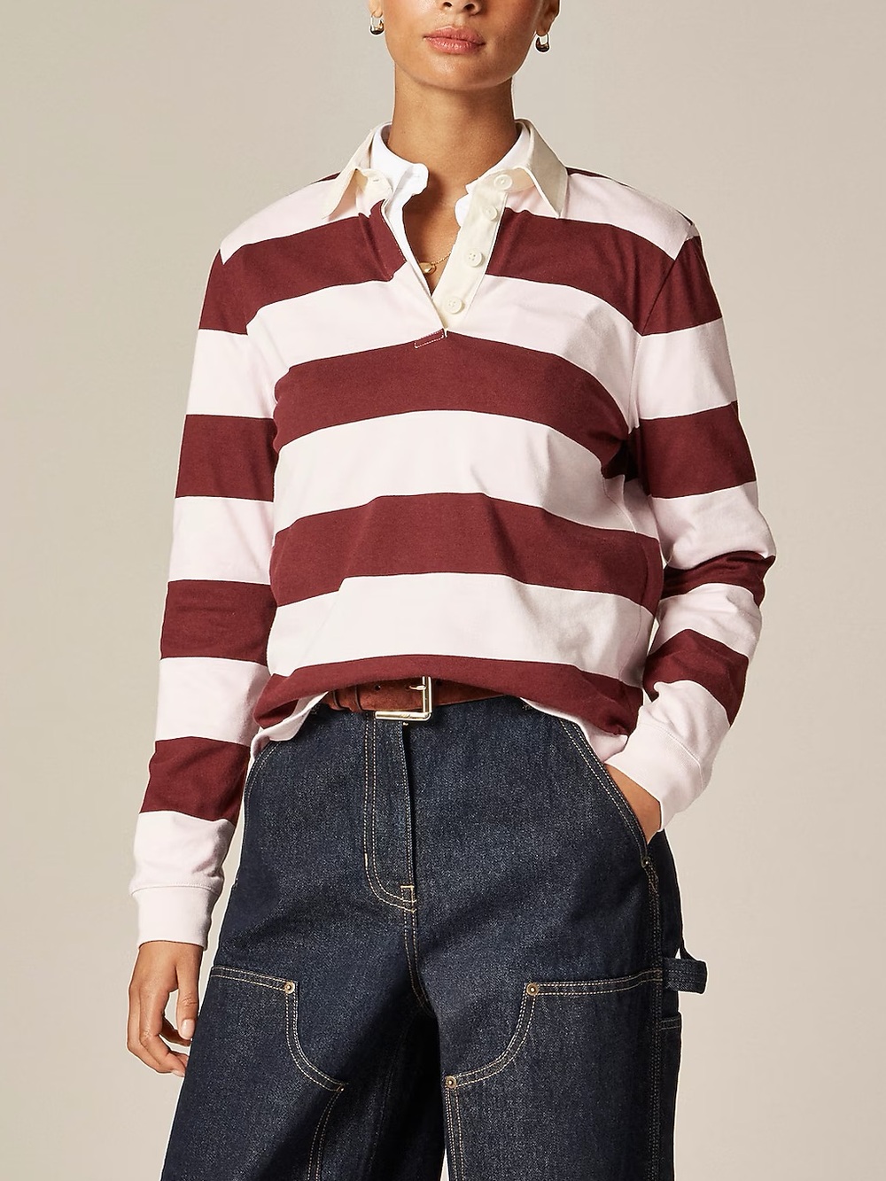 NWT J.Crew Sz M premium-weight classic stripe rugby shirt maroon/pink